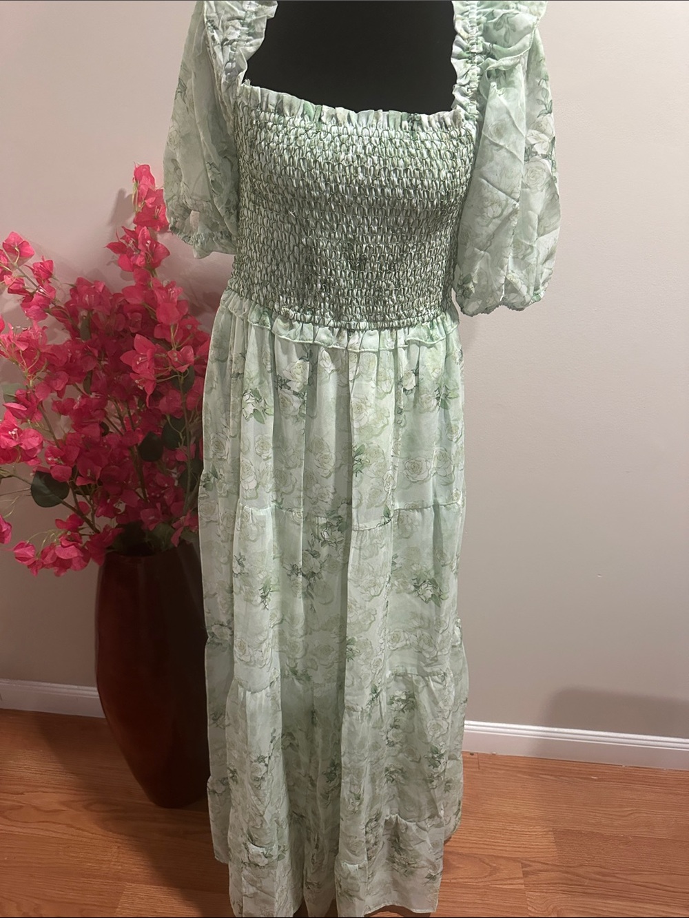 Light Green Floral Smocked Maxi Dress